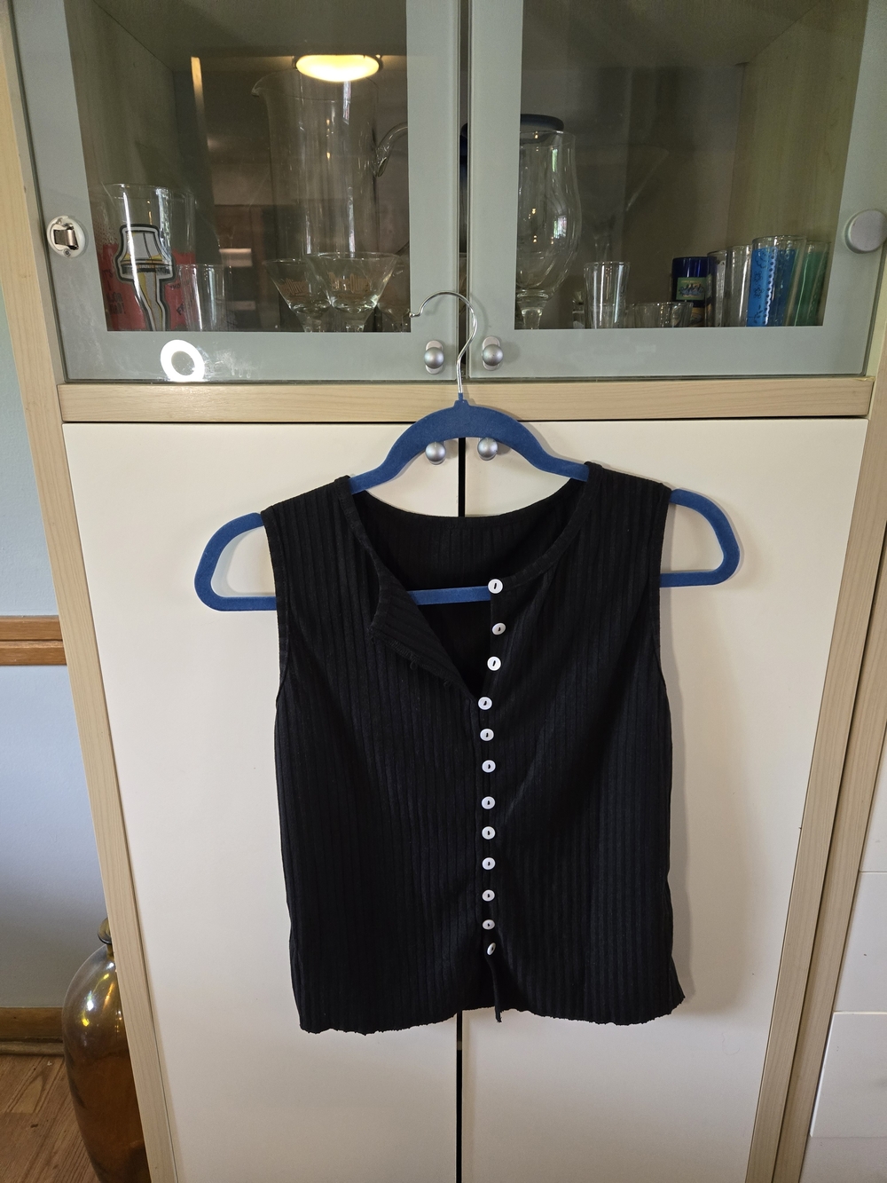 Black Ribbed Button-Front Sleeveless Tank Top
